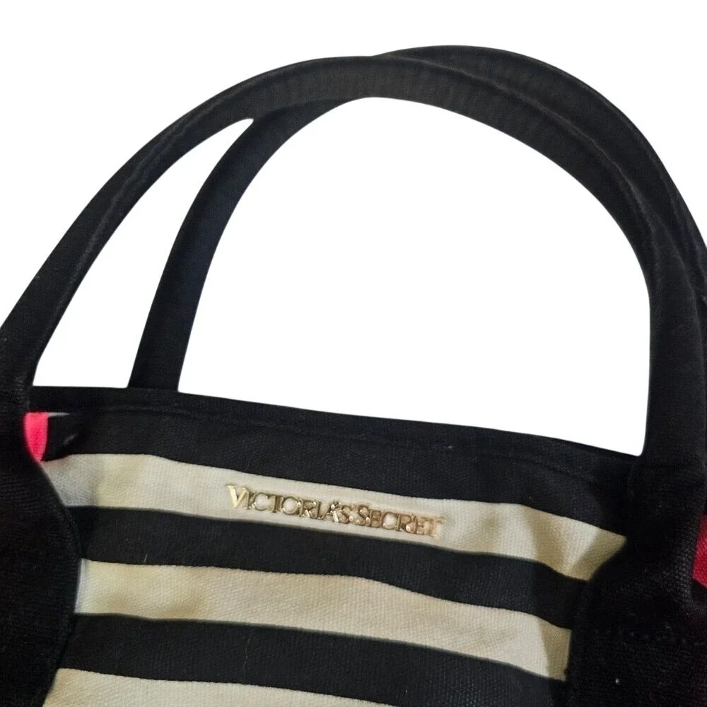 Victoria's Secret Beach Tote Bag with Mesh Pockets‎ Pink Black Striped SummerEUC